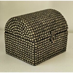 Vintage Brass Hobnail Wood Barrel Top Trinket Box 5"